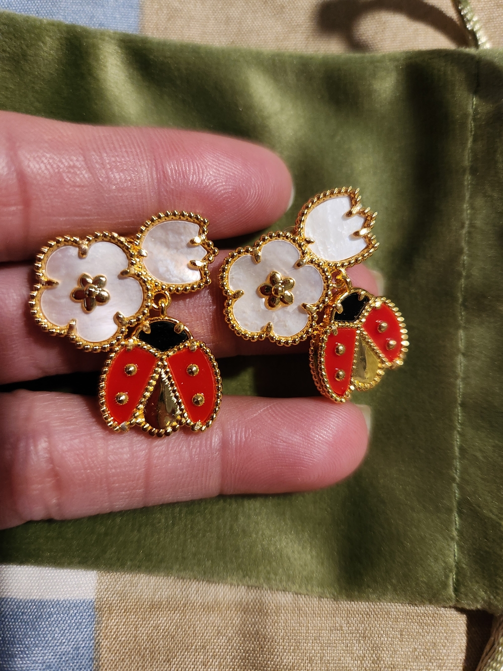 Gold Floral and Red Ladybug Drop Earrings